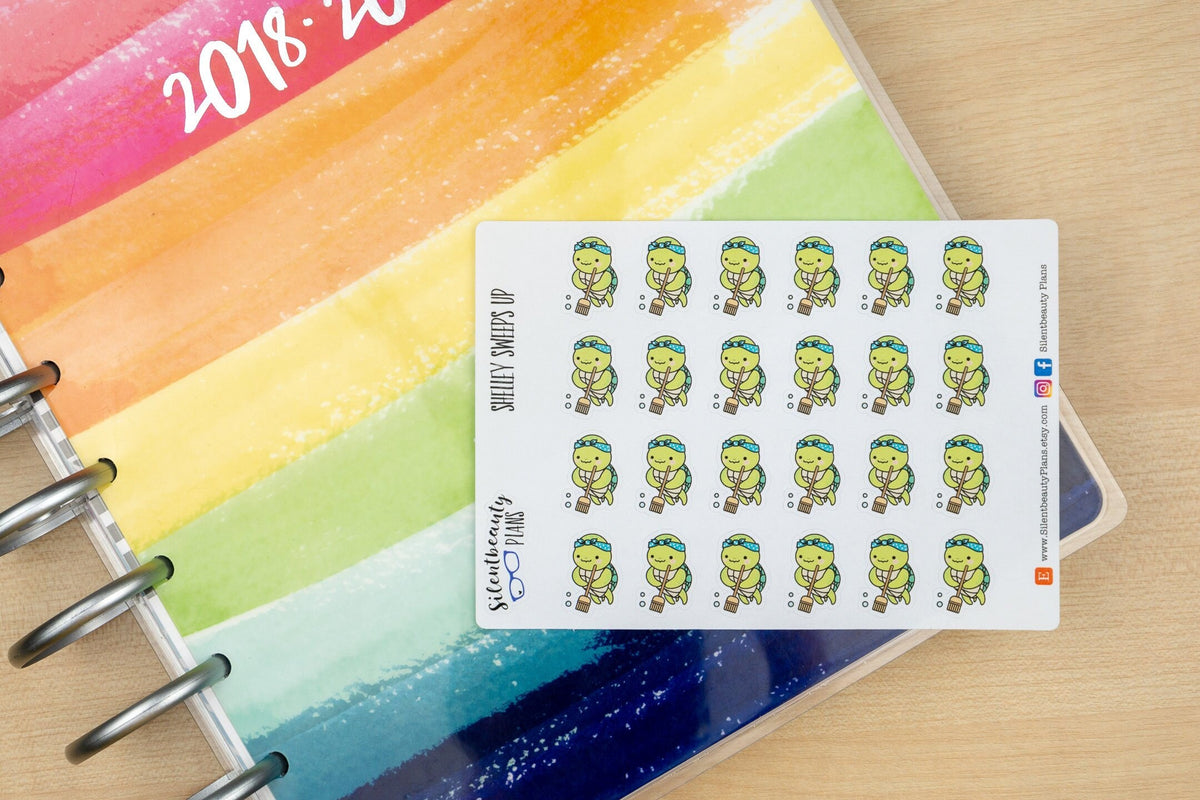 Shelley the Sea Turtle Sweeps Up - Cute Turtle Stickers