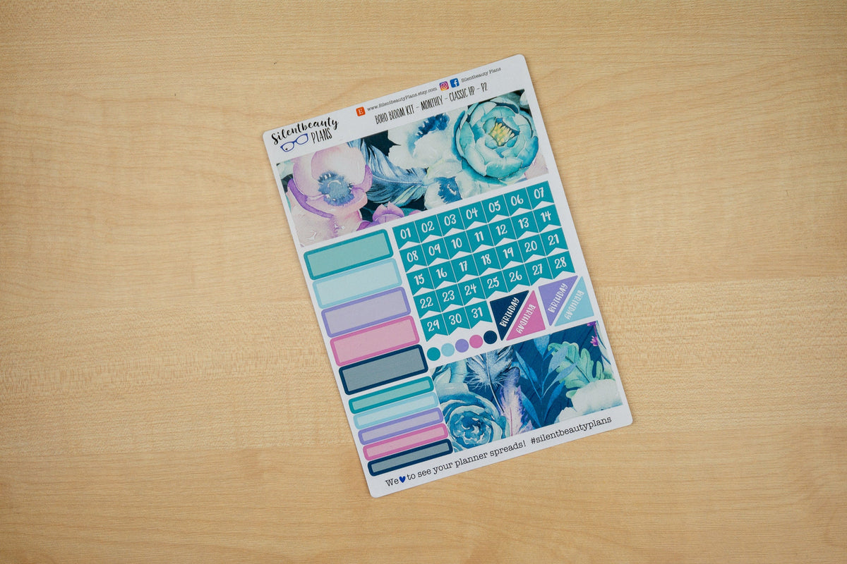 Boho Bloom Monthly Sticker Kit - Pick your Month & Start Day - Classic Happy Planner, Planner Stickers, UK