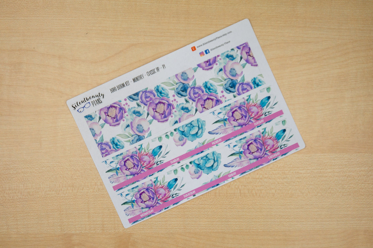 Boho Bloom Monthly Sticker Kit - Pick your Month & Start Day - Classic Happy Planner, Planner Stickers, UK
