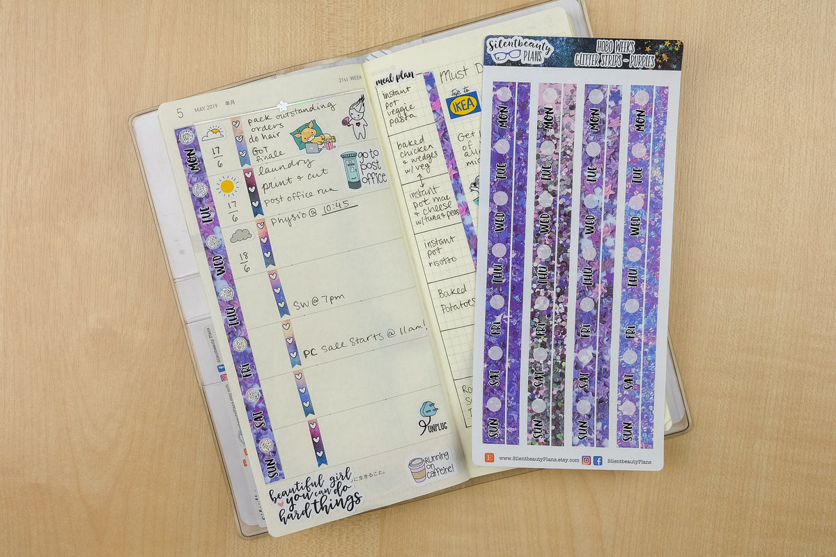 Glitter - Date Cover Strips & Thin Washi - 3 Sheet Options - Hobonichi Weeks, Planner Stickers, UK