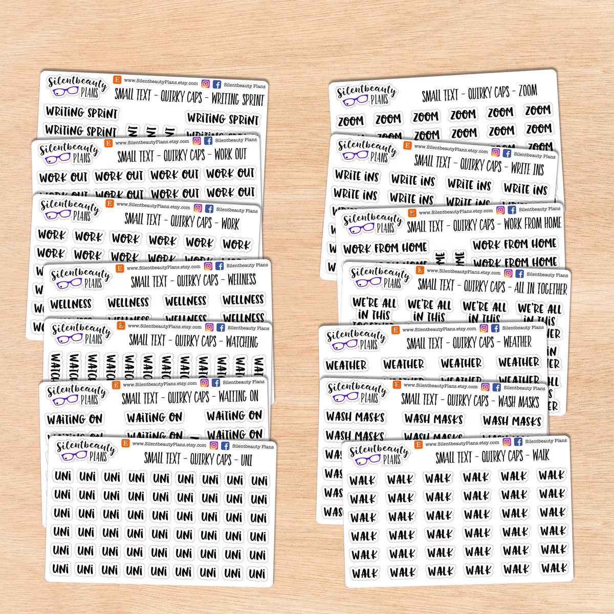 Tiny Text - U - V - W - Z - Words & Phrases - Quirky Caps - Script Stickers