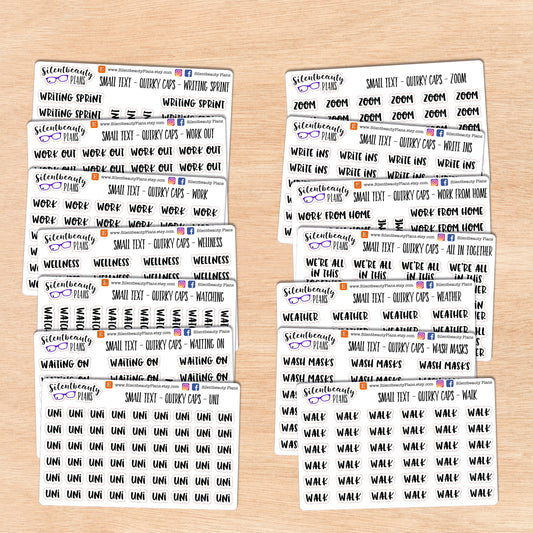 Tiny Text - U - V - W - Z - Words & Phrases - Quirky Caps - Script Stickers