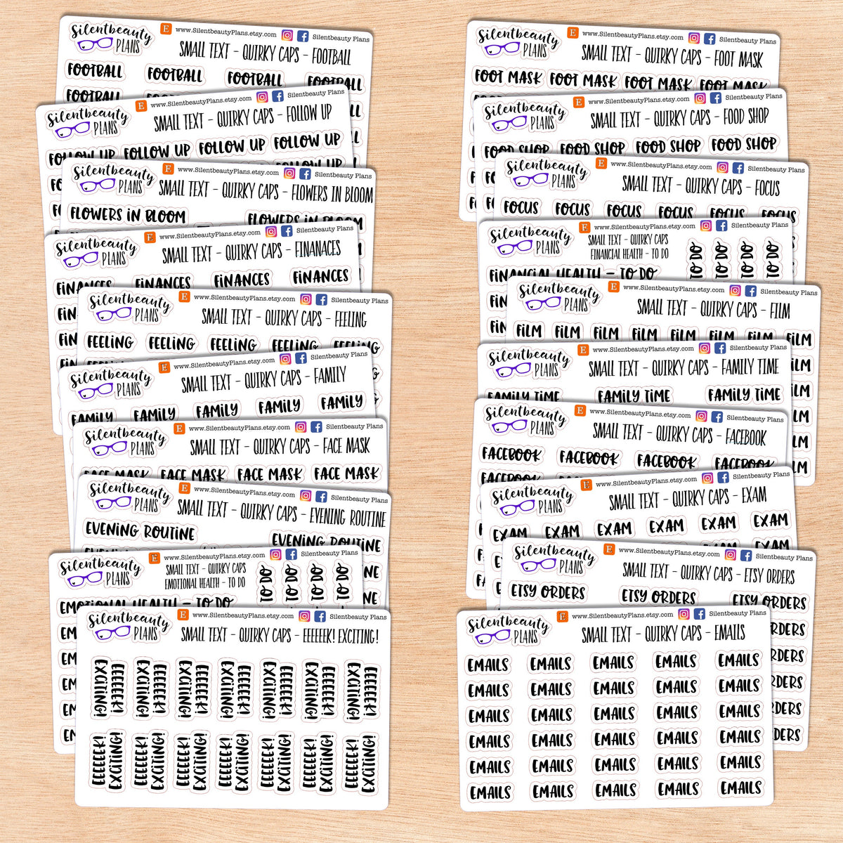 Tiny Text - E - F - Words & Phrases - Quirky Caps - Script Stickers