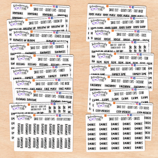 Tiny Text - E - F - Words & Phrases - Quirky Caps - Script Stickers