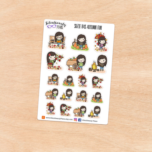 Suzie has some Autumn Fun - Cute Girl Stickers
